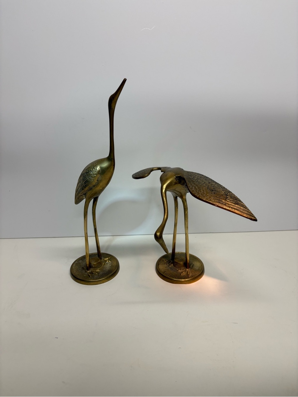 Vintage Solid Brass Mid Century Crane & Heron Sculptures Statues Set 2